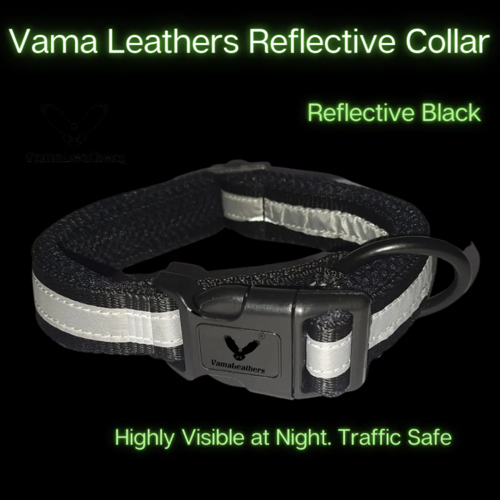 Vama Leathers Night Visible Reflective All Weather Everyday Collar for Dogs (Shiny Black) - Image 3