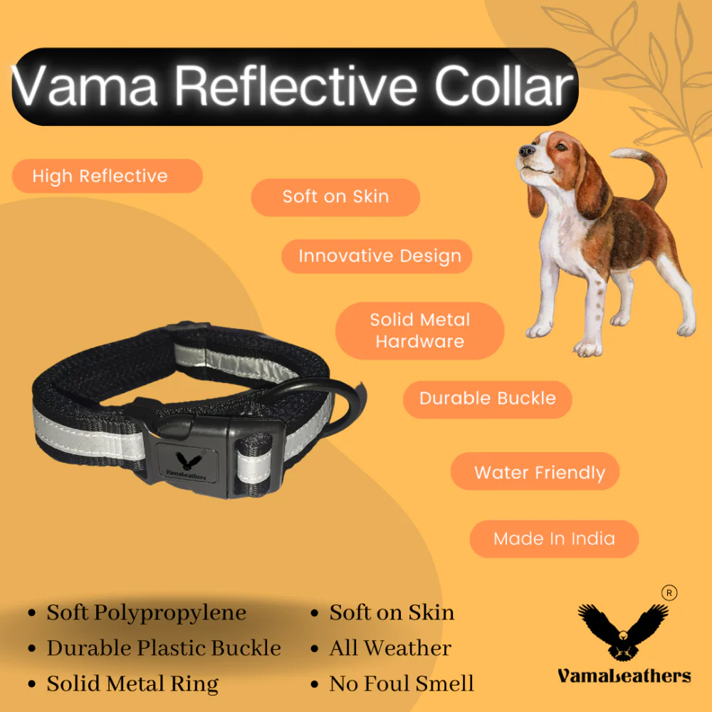 Vama Leathers Night Visible Reflective All Weather Everyday Collar for Dogs (Shiny Black) - Image 4