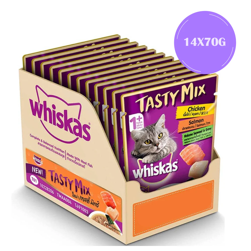 Whiskas Chicken With Salmon and Seafood Cocktail Wakame Seaweed in Gravy Tasty Mix Adult Cat Wet Food Combo - Image 4