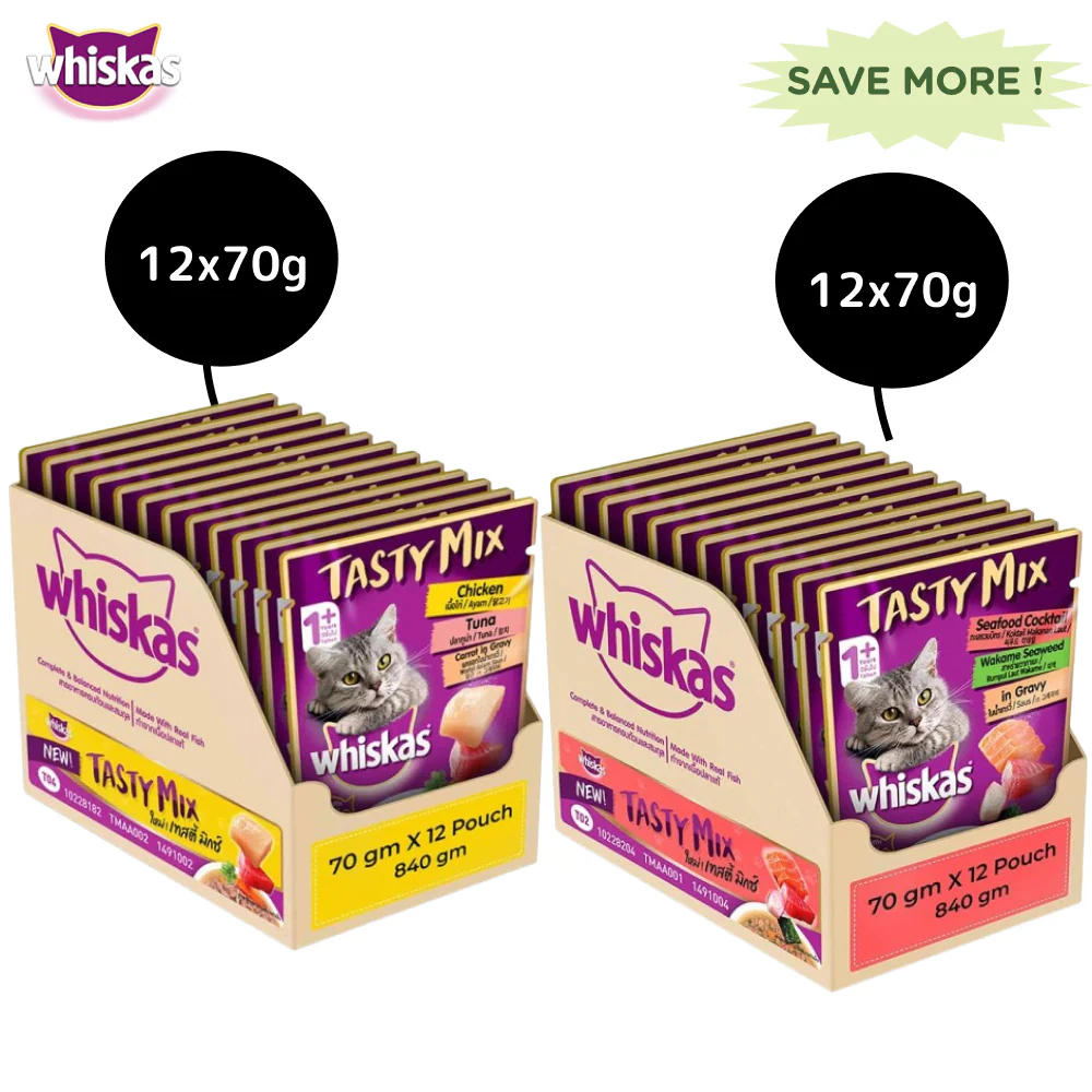 Whiskas Chicken With Tuna And Carrot in Gravy and Seafood Cocktail With Wakame Seaweed in Gravy Adult Cat Wet Food Combo - Image 8