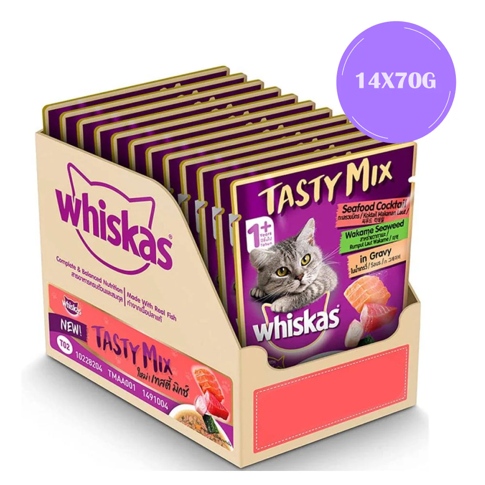 Whiskas Chicken With Salmon and Seafood Cocktail Wakame Seaweed in Gravy Tasty Mix Adult Cat Wet Food Combo - Image 7