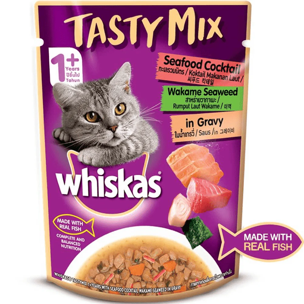 Whiskas Seafood Cocktail With Wakame Seaweed and Tuna with Kanikama & Carrot in Gravy Tasty Mix Adult Cat Wet Food Combo - Image 2