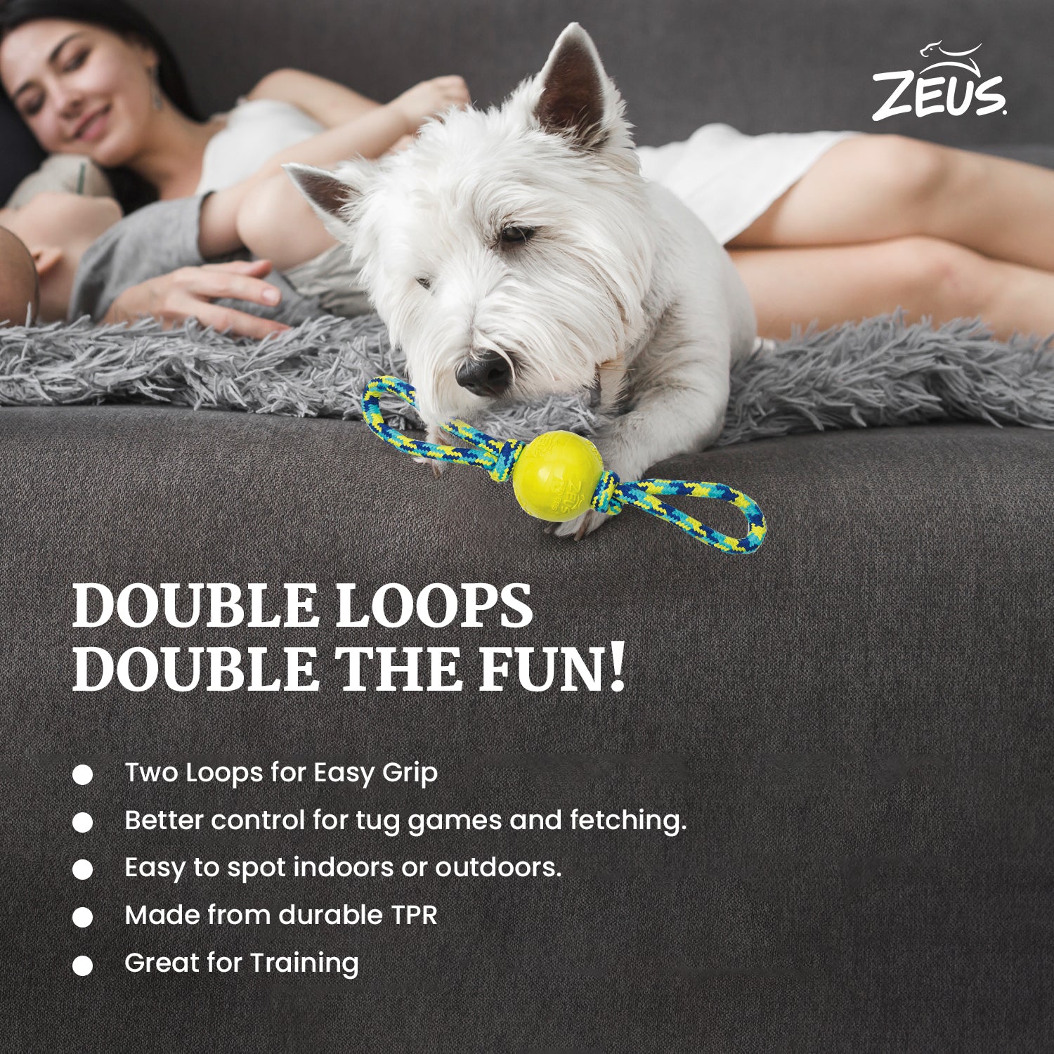 Zeus Rope Ball Tug with Hand Loops Toy for Dogs (Blue) - Image 4