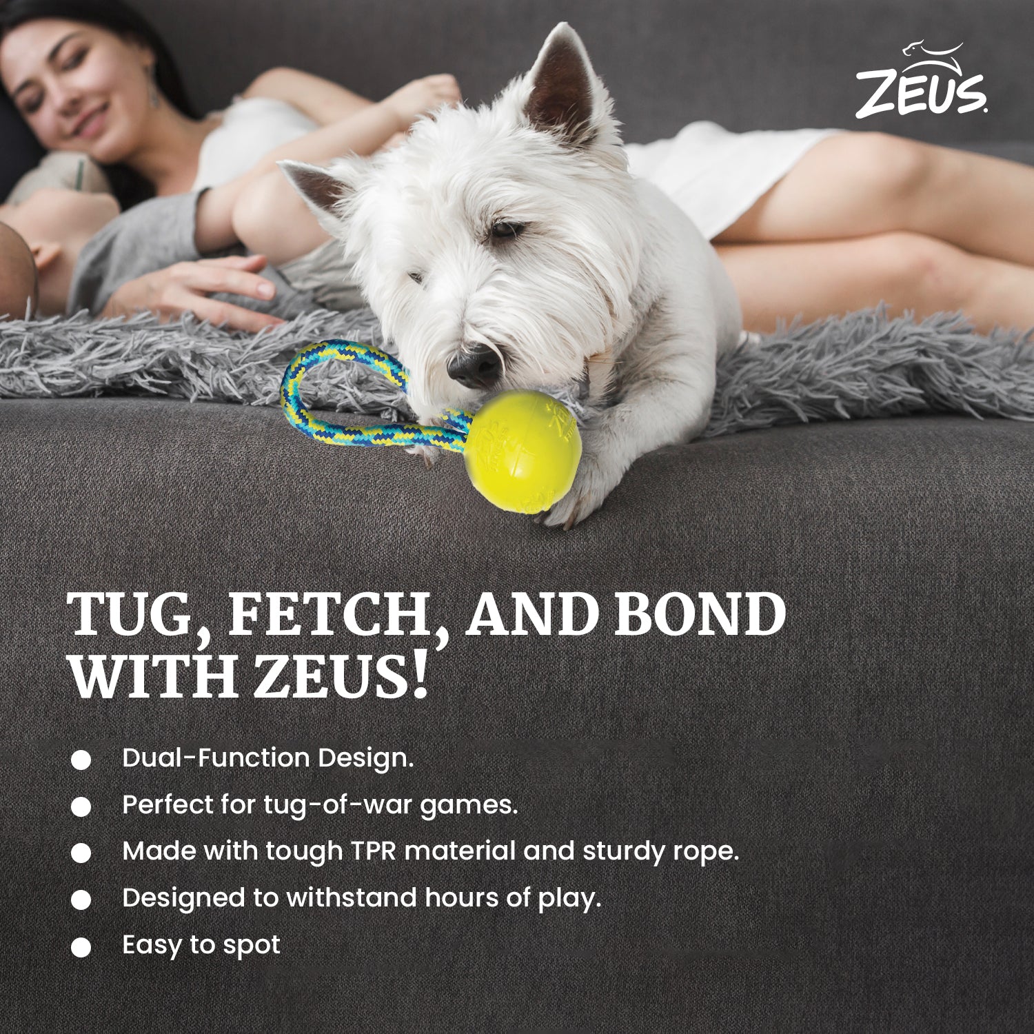 Zeus Rope Ball Tug with Single Hand Loops Toy for Dogs (Yellow) - Image 5
