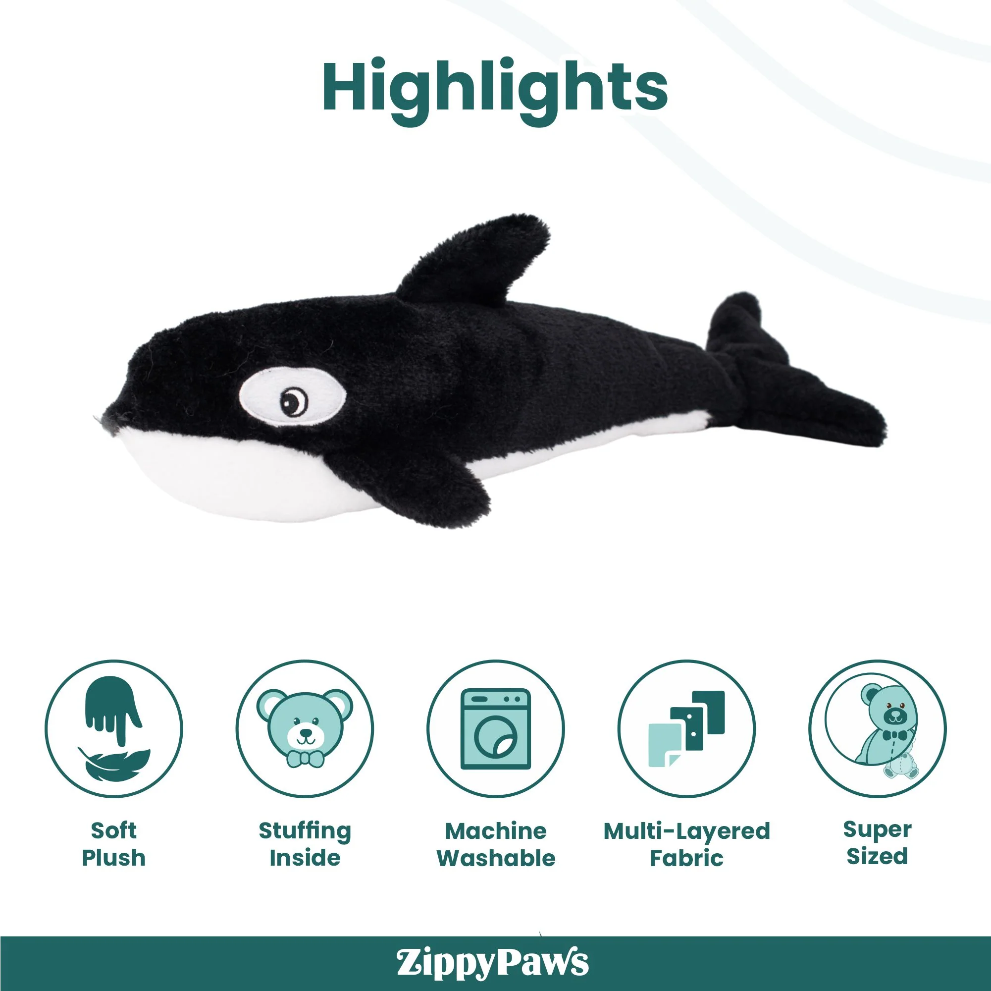 Zippy Paws Killer Whale Jigglerz Plush Toy for Dogs - Image 3