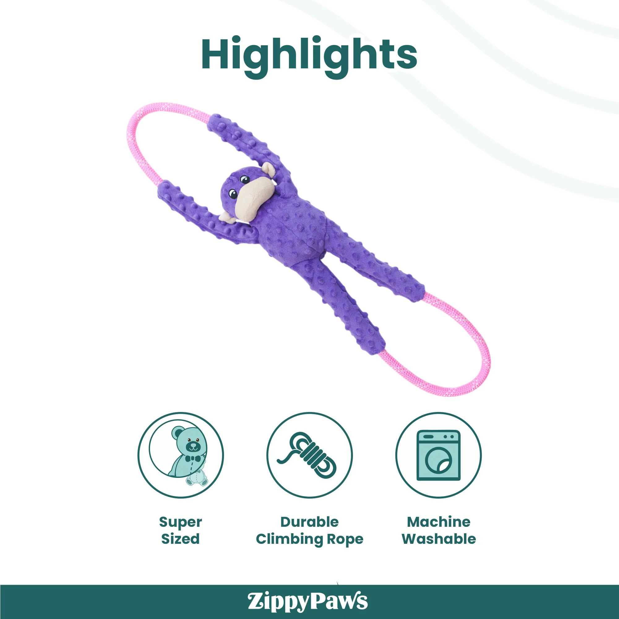 Zippy Paws RopeTugz Monkey Purple Plush Toy for Dogs - Image 4