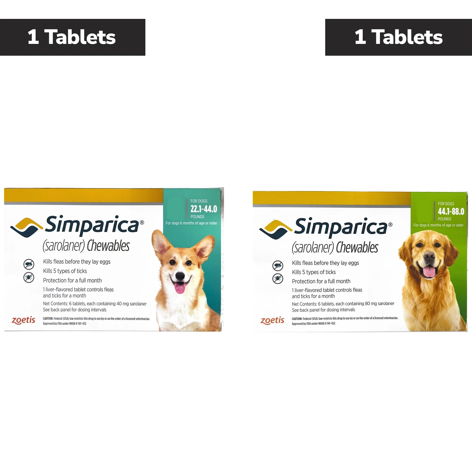 Zoetis Simparica (Sarolaner) Tick & Flea Control Tablet for Dogs 10 to 20 kg (1 Tablet ) and 20 to 40 kg (1 Tablet ) Combo