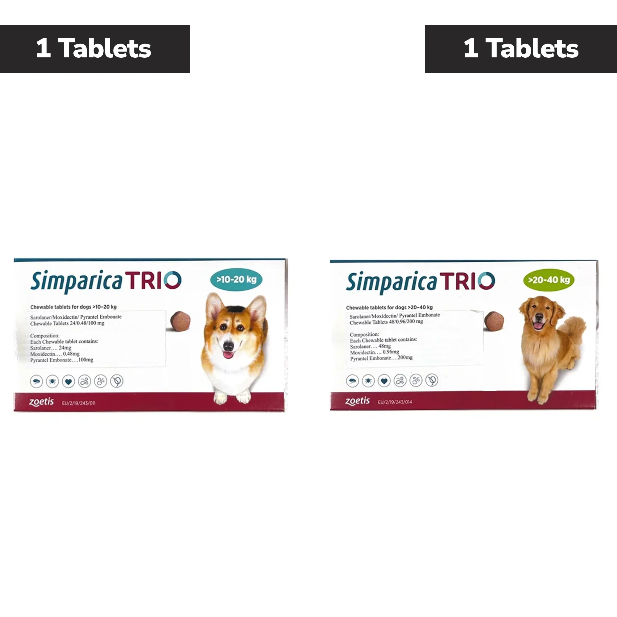 Zoetis Simparica Trio (Sarolaner) Tick & Flea Control Tablet for Dogs 10 to 20 kg (1 Tablet) and 20 to 40 kg (1 Tablet) Combo - Image 3